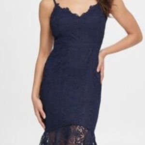 GUESS Women's V Neck Navy Lace Flounce-hem Sweetheart Neckline Party Sheath